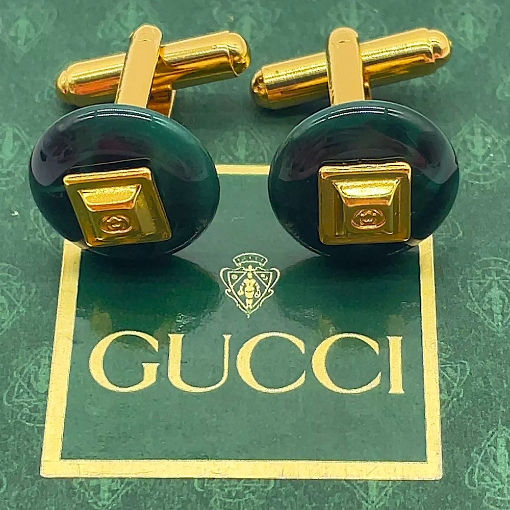 GUCCI Green Marble Cufflinks Gold Accents and Design COMES IN GUCCI BOX